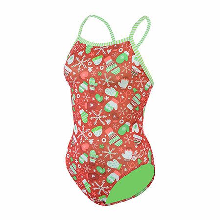 Red Christmas-pattern one-piece swimsuit with green straps