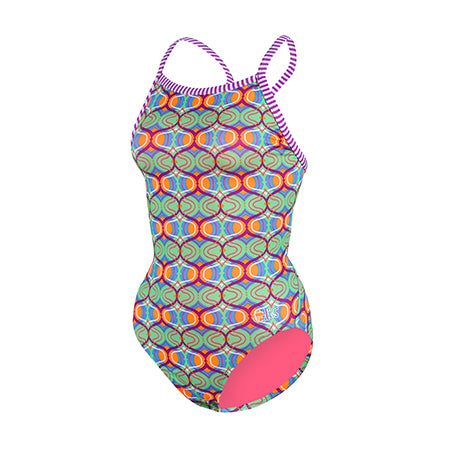 Colorful geometric one-piece swimsuit with striped straps