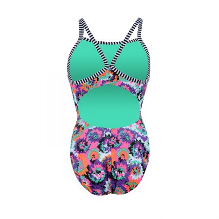 Teal cutout floral one-piece swimsuit with stripes