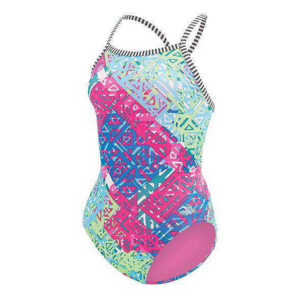 Colorful geometric one-piece swimsuit with striped straps