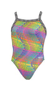 Colorful psychedelic one-piece swimsuit with striped straps