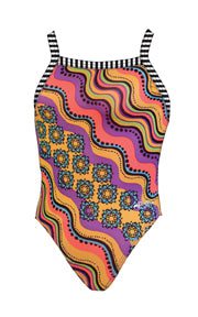 One-piece swimsuit with colorful wavy floral pattern