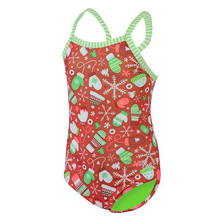 Girls' red swimsuit with mitten snowflake print