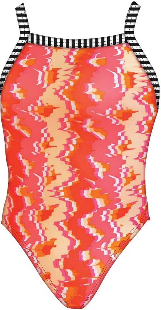 Coral abstract one-piece swimsuit with striped trim