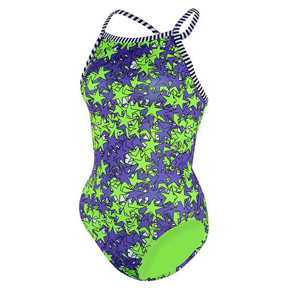 Green and purple star-patterned one-piece swimsuit