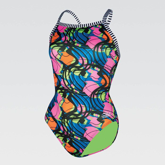 Multicolor abstract one-piece swimsuit with striped straps