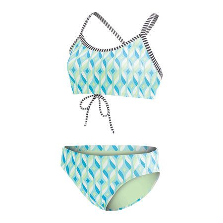 Geometric blue-green two-piece bikini with striped trim