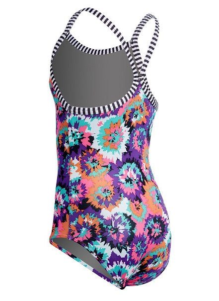 Colorful floral one-piece swimsuit with striped straps