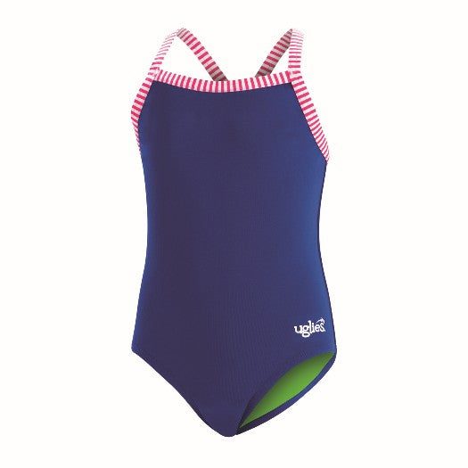 Navy girls' one-piece swimsuit with pink trim