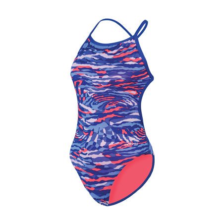 Blue and pink patterned women's one-piece swimsuit