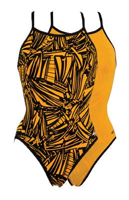 Two orange and black women's swimsuits