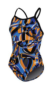 Strappy blue and orange abstract one-piece swimsuit