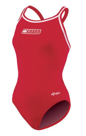 Red lifeguard one-piece swimsuit