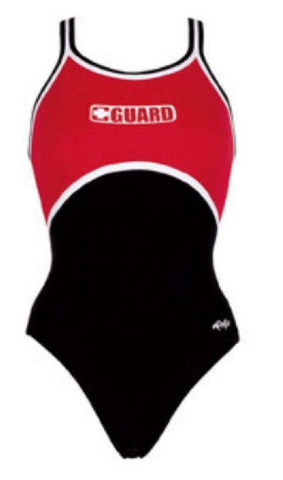 Red and black lifeguard one-piece swimsuit