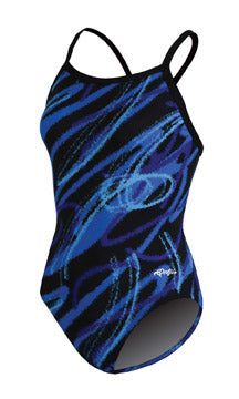 Blue and black patterned one-piece swimsuit