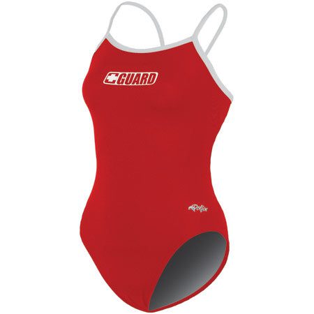 Red lifeguard one-piece swimsuit with white trim