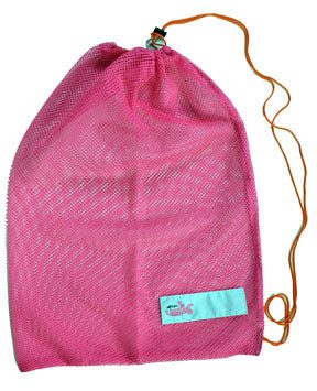Pink mesh drawstring bag with orange cord