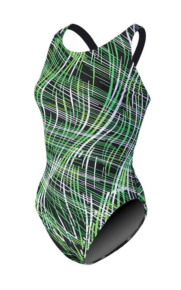 Green and black patterned one-piece swimsuit
