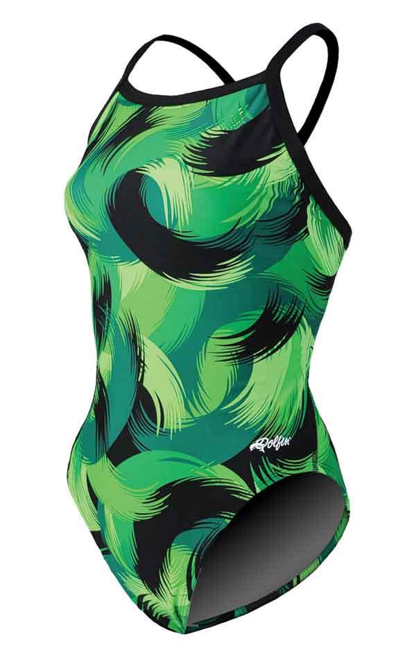 Green swirl pattern one-piece women's swimsuit