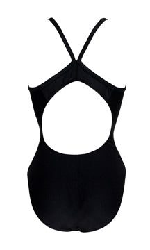 Black open-back one-piece swimsuit with crisscross straps