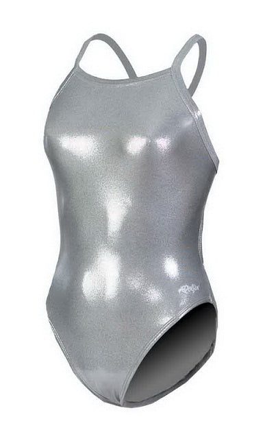Shiny silver one-piece swimsuit with thin straps