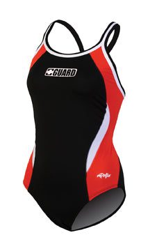 Black and red women's one-piece swimsuit with logo