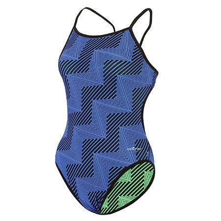 Blue geometric one-piece swimsuit with green accent