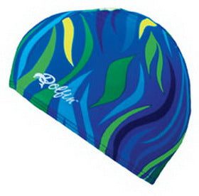 Blue and green wavy swim cap