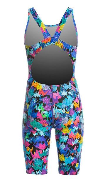 Colorful geometric open-back women's racing swimsuit