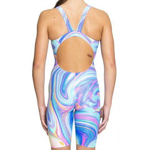 Back view of colorful open-back competitive swimsuit