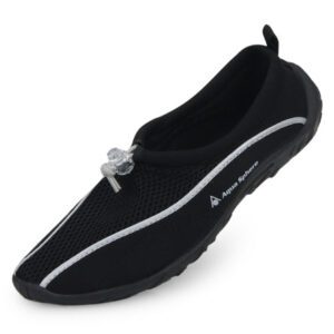 Black mesh slip-on water shoe with toggle