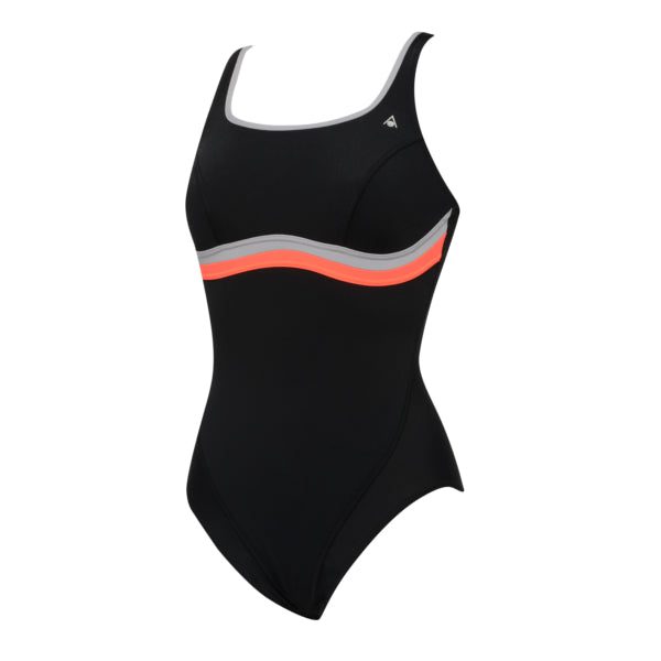 Women's black one-piece swimsuit with coral stripe