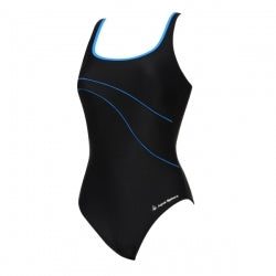 Black one-piece swimsuit with blue trim