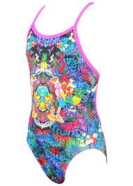 Colorful tropical-print girl's one-piece swimsuit