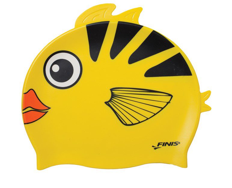 Yellow fish-shaped swim cap with black stripes