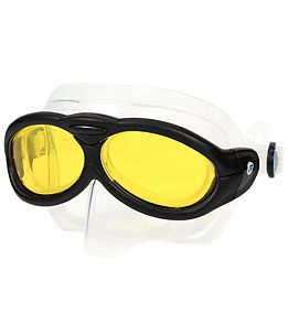 Swim goggles with yellow lenses and black frame