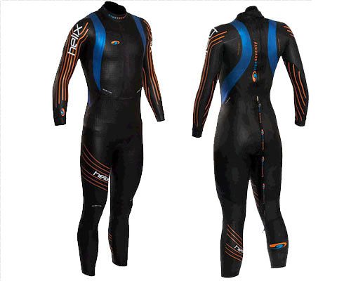 Full-length black wetsuit with blue and orange accents