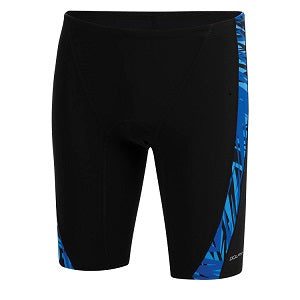 Black swim jammers with blue side panels