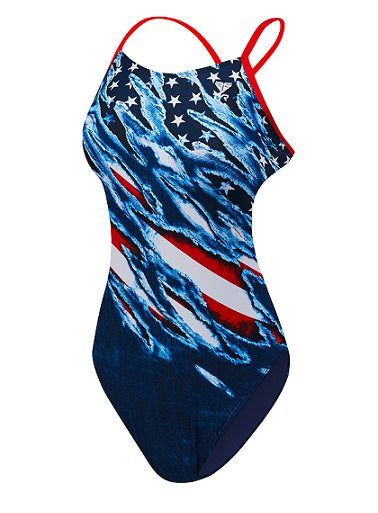 One-piece swimsuit with stylized American flag print
