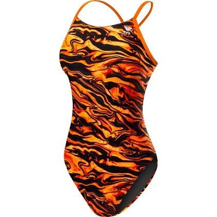 Orange black marble patterned women's one-piece swimsuit