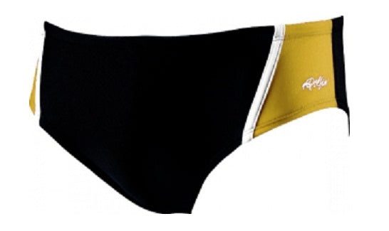 Black swim briefs with yellow side panels