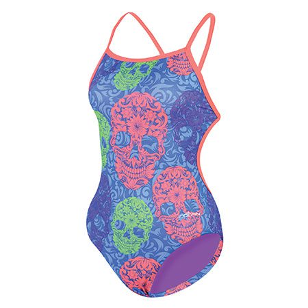 Women's neon skull one-piece swimsuit
