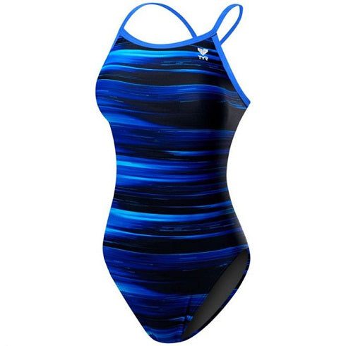 Blue striped women's one-piece swimsuit with thin straps