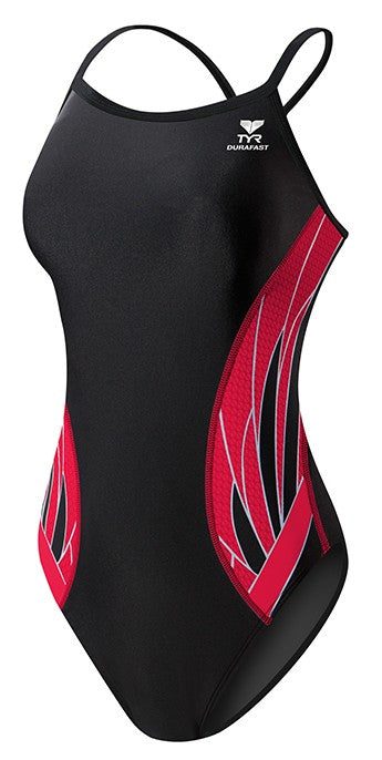 Black one-piece swimsuit with red side panels