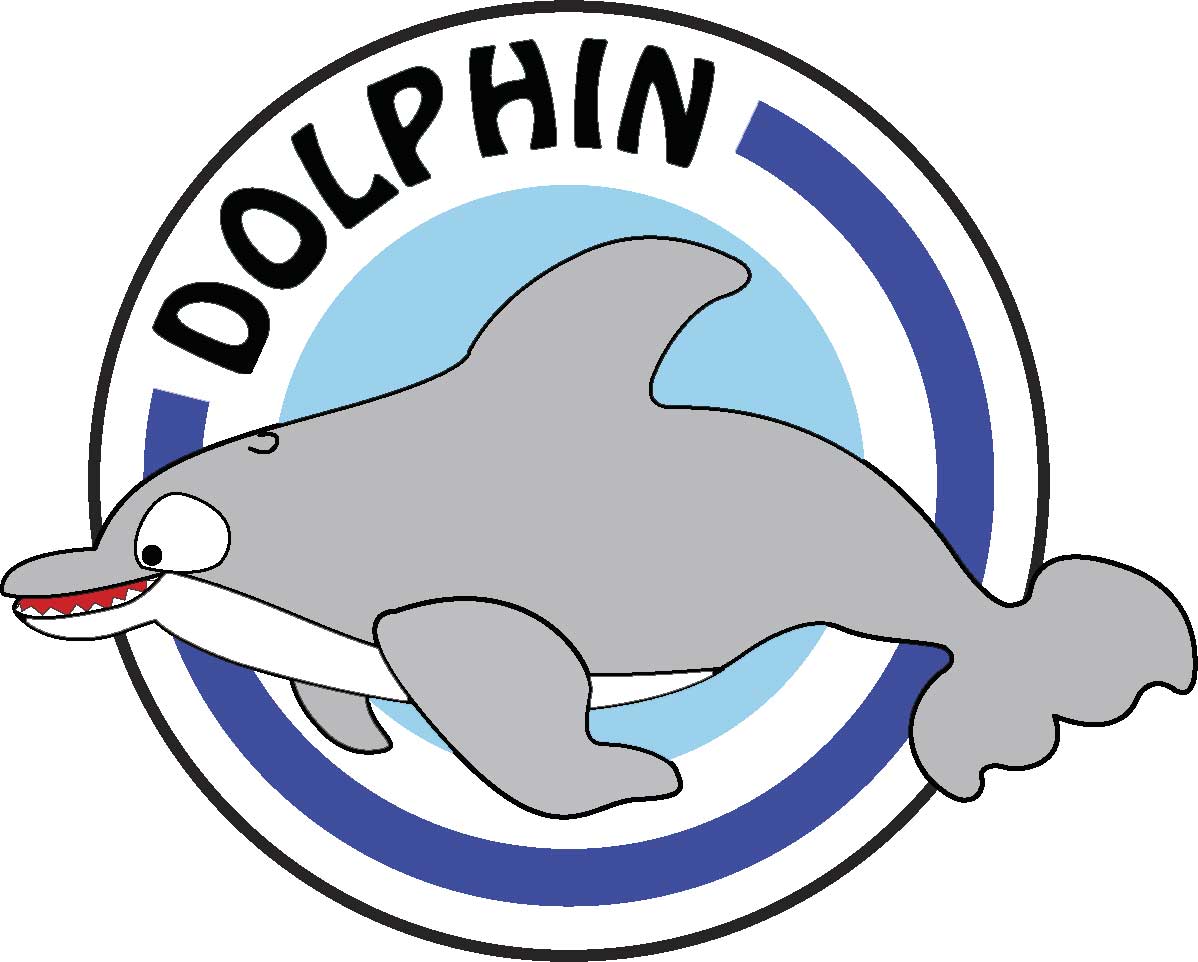 Smiling cartoon dolphin logo with circular emblem