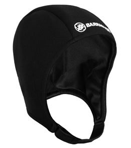 Black neoprene diving hood with chin strap