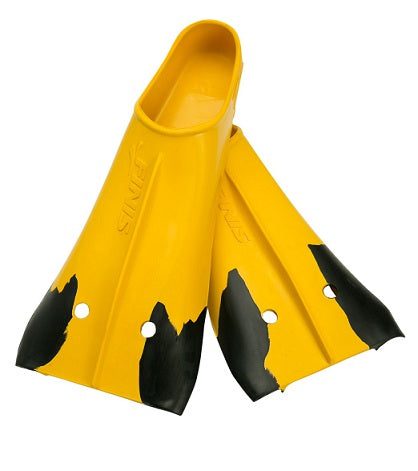 Pair of yellow snorkeling fins with black tips