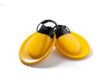 Yellow swim hand paddles with black straps