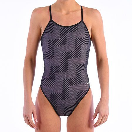 Black geometric patterned one-piece swimsuit