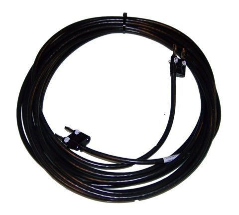 Coiled black cable with metal clamps